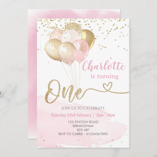 Pink and Gold Balloons, Party Birthday Invitation (Front/Back)