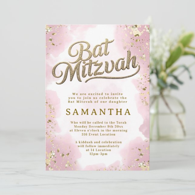 Pink and Gold Bat Mitzvah Invite (Standing Front)