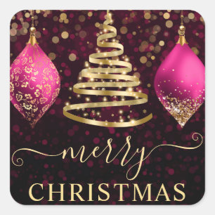 Pink and Gold Baubles Christmas Tree Square Sticker