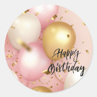 Pink and Gold Birthday Balloons Classic Round Sticker