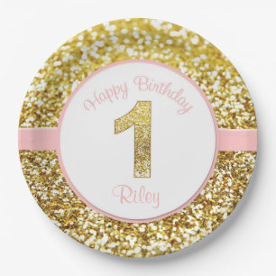 Pink and gold birthday plates for first birthdays
