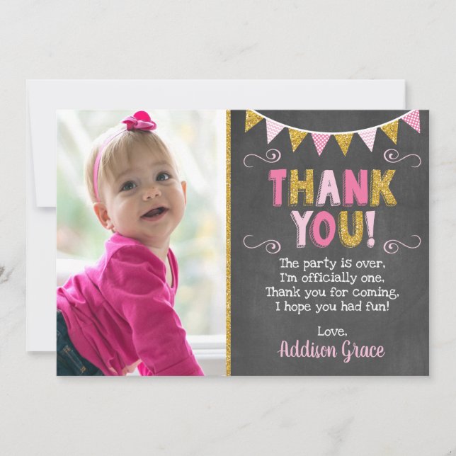 Pink and Gold Birthday Thank You Card | Chalkboard (Front)
