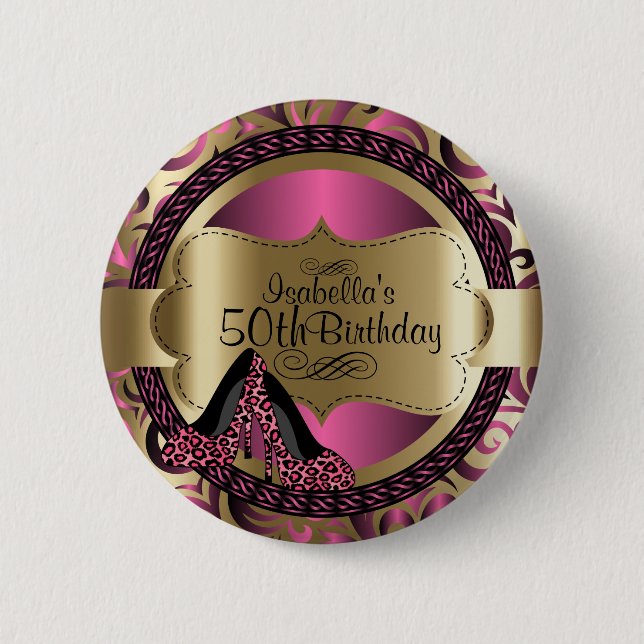 Pink and Gold Birthday with Leopard High Heels 6 Cm Round Badge (Front)