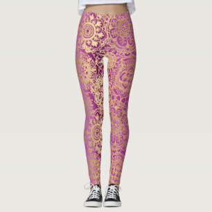 Pink and Gold Boho Mandala Pattern Yoga Leggings
