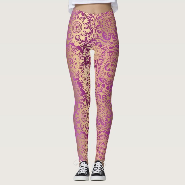 Pink and Gold Boho Mandala Pattern Yoga Leggings (Front)