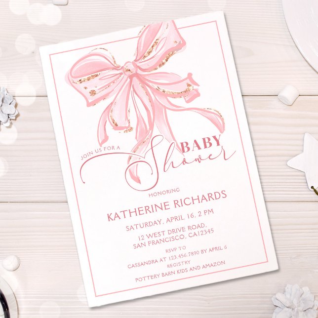 Pink and Gold Bow Romantic Chic Baby Shower Girl Invitation (Creator Uploaded)