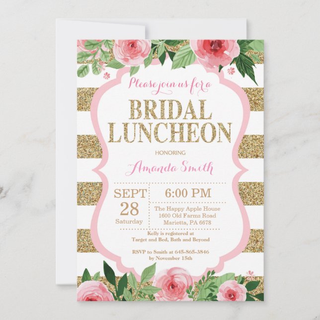 Pink and Gold Bridal Luncheon Invitation Glitter (Front)