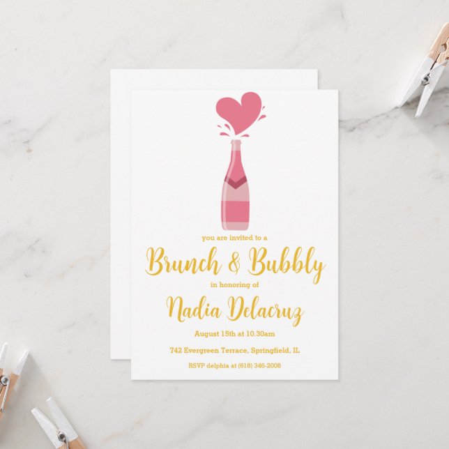 pink and gold brunch and bubbly bridal shower invitation (Front/Back In Situ)