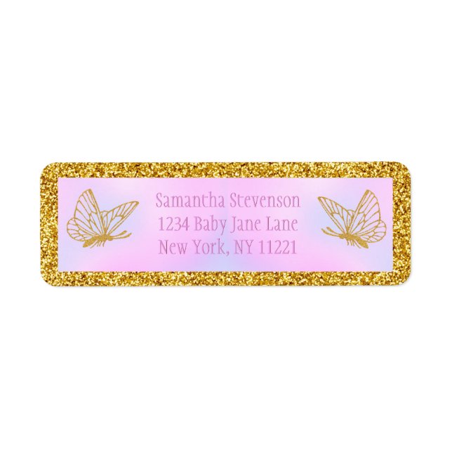 Pink and Gold Butterfly Baby Shower Return Address Label (Front)