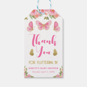 Pink and Gold Butterfly Floral Girl Baby Shower Gift Tags
