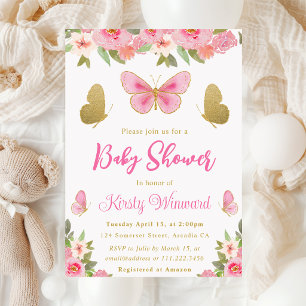 Pink and Gold Butterfly Floral Girl Baby Shower Invitation