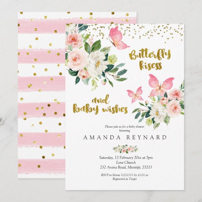 Pink and Gold Butterfly Kisses and Baby Wishes Invitation (Front/Back)