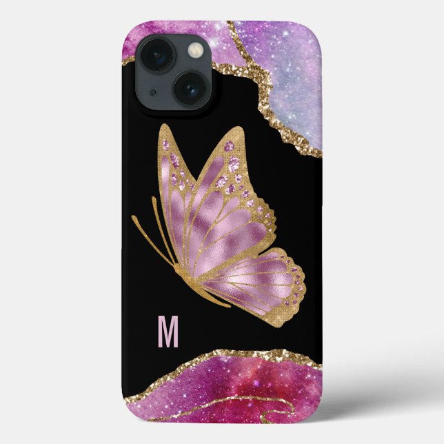 Pink and Gold Butterfly Monogrammed Case-Mate iPhone Case (Back)