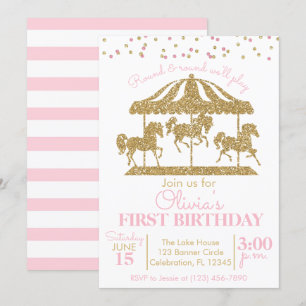 Pink and Gold Carousel Girls Birthday Invitation