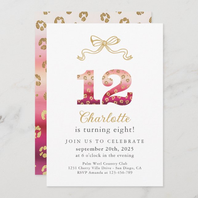Pink and Gold Cheetah Leopard Print 12th Birthday Invitation (Front/Back)