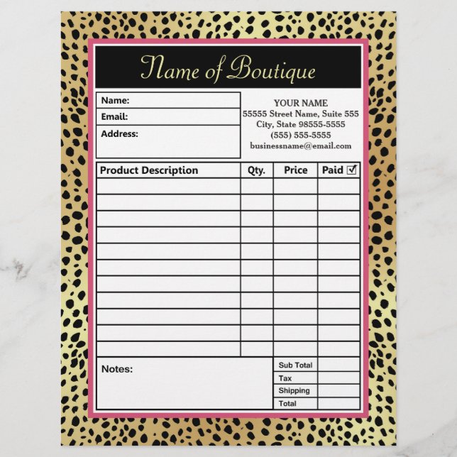 Pink and Gold Cheetah Print Boutique Order Forms (Front)