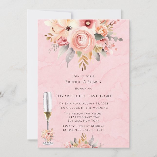 Pink and Gold Chic Florals Brunch & Bubbly Invitation (Front)