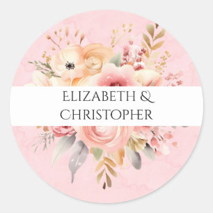 Pink and Gold Chic Watercolor Florals Wedding Classic Round Sticker
