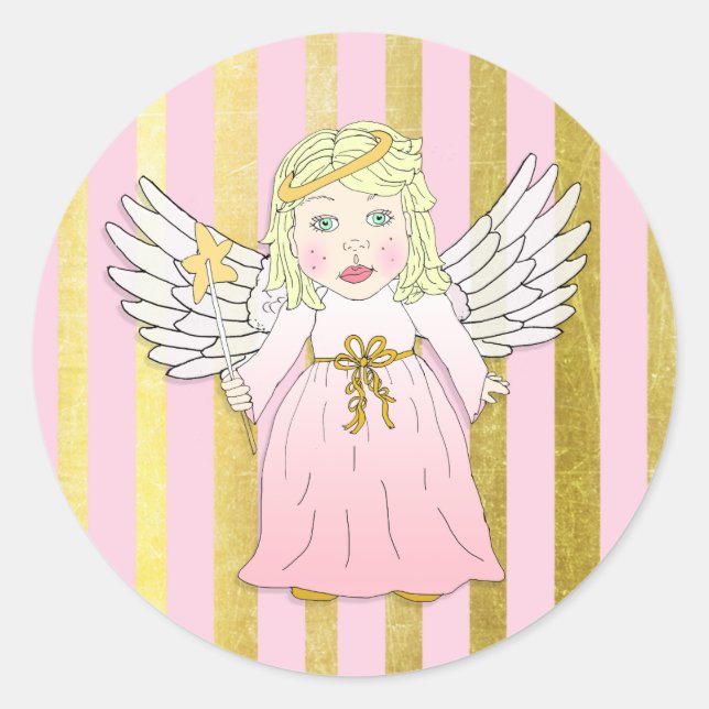 Pink and Gold Christmas Angel Classic Round Sticker (Front)