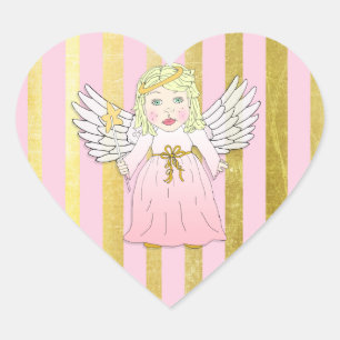 Pink and Gold Christmas Angel Heart Sticker