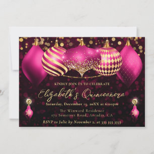 Pink and Gold Christmas Baubles Quinceanera Invitation