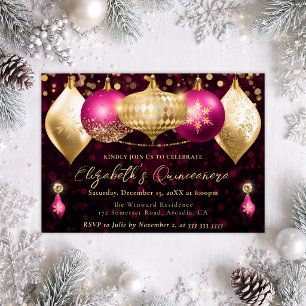 Pink and Gold Christmas Baubles Quinceanera Invitation