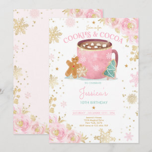 Pink And Gold Christmas Cookies and Cocoa Birthday Invitation