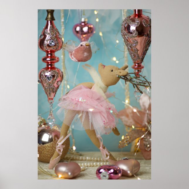 Pink and gold Christmas decorations, deer figurine Poster (Front)