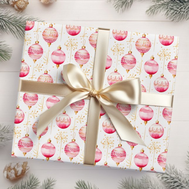 Pink and Gold Christmas Ornaments Wrapping Paper (Creator Uploaded)