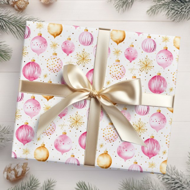 Pink and Gold Christmas Ornaments Wrapping Paper (Creator Uploaded)