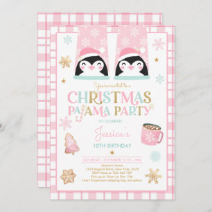 Pink And Gold Christmas Pajama Birthday Party Invitation