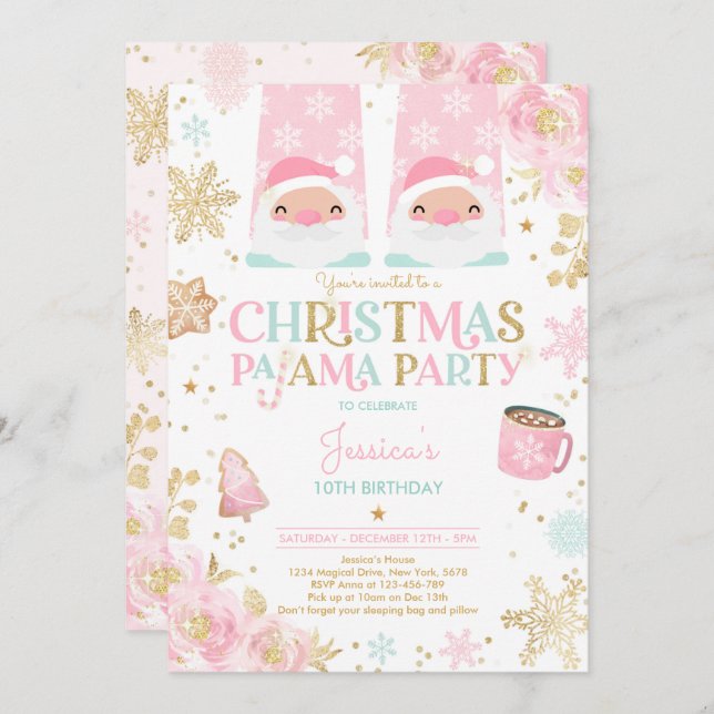 Pink And Gold Christmas Pajama Birthday Party Invitation (Front/Back)