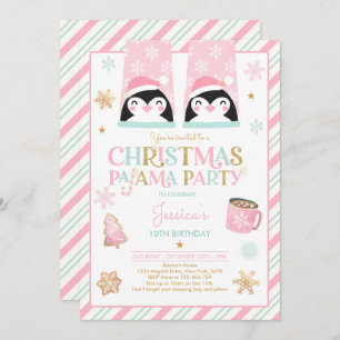 Pink And Gold Christmas Pajama Birthday Party Invitation