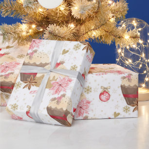 Pink and Gold Christmas Pudding Pattern Wrapping Paper
