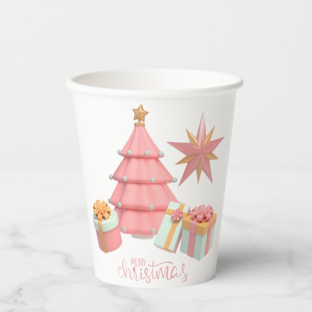 Pink And Gold Christmas Tree And Stars Paper Cups (Front)