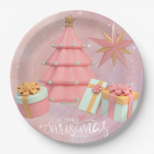 Pink And Gold Christmas Tree And Stars Paper Plate