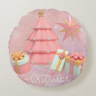Pink And Gold Christmas Tree And Stars Round Cushion