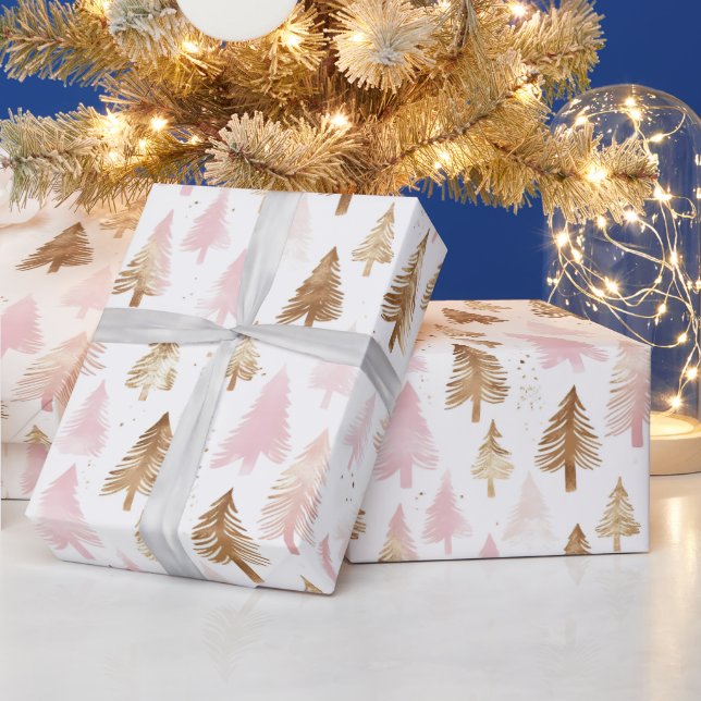 Pink and Gold Christmas Trees Wrapping Paper (Holidays)