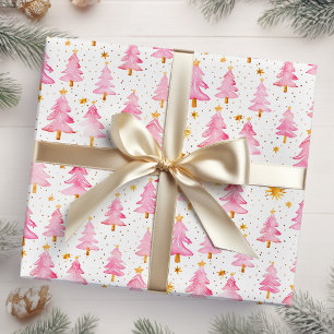 Pink and Gold Christmas Trees Wrapping Paper