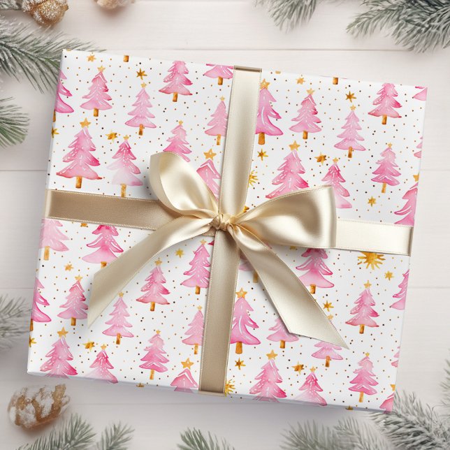 Pink and Gold Christmas Trees Wrapping Paper (Creator Uploaded)