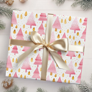 Pink and Gold Christmas Trees Wrapping Paper