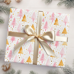 Pink and Gold Christmas Trees Wrapping Paper