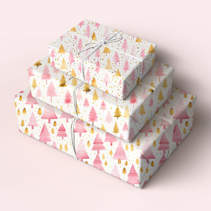 Pink and Gold Christmas Trees Wrapping Paper Sheet
