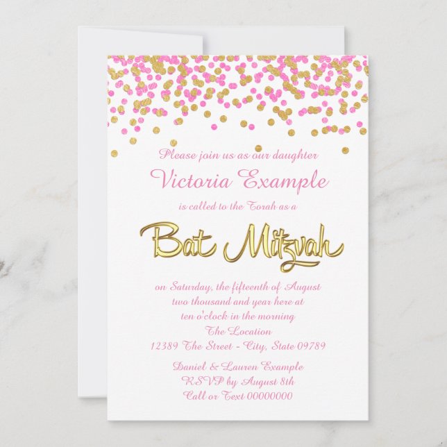 Pink and Gold Confetti Bat Mitzvah Invitation (Front)