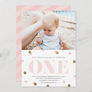 Pink and gold confetti first birthday party photo invitation