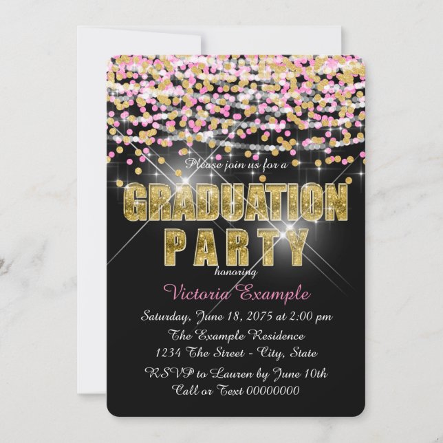 Pink and Gold Confetti Glitter Graduation Party Invitation (Front)