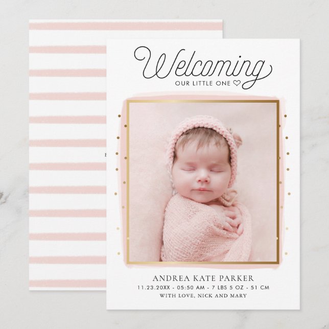 Pink and Gold Confetti Photo Birth Announcement (Front/Back)