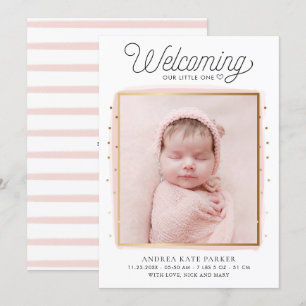 Pink and Gold Confetti Photo Birth Announcement