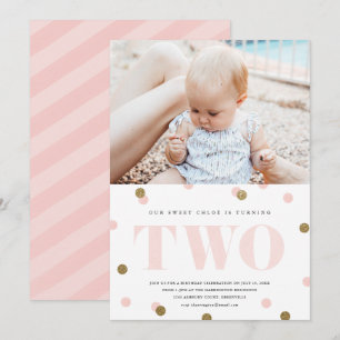 Pink and gold confetti second birthday party  invitation