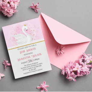 Pink and Gold Confetti Swan Princess Baby Shower Invitation